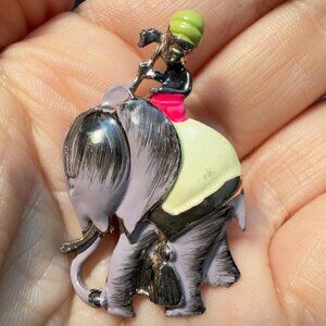 Elephant Brooch with Rider Vintage Enamel Figural Pin Mid Century Attwood Style